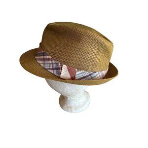 Angela & Wiliam Tan Woven Fedora Hat Plaid Band Trim One Size